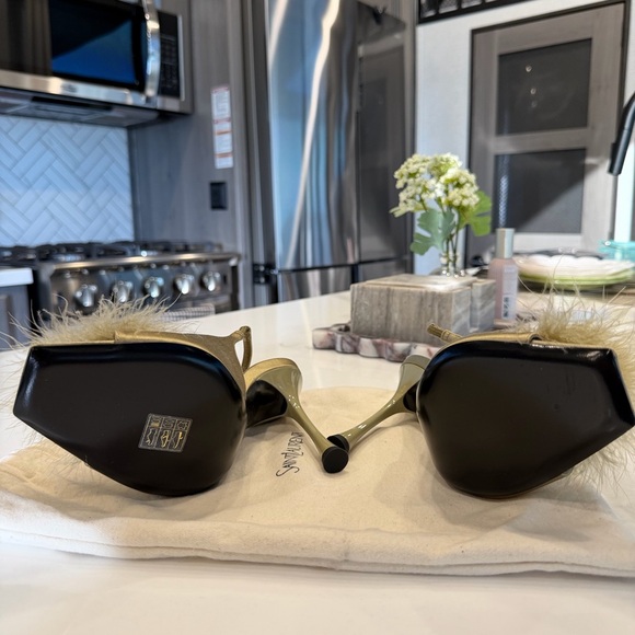 Saint Laurent Tan Heels with Fur Pom - Picture 2 of 6